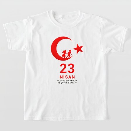 Çocuk 23 Nisan Ulusal Egemenlik ve Çocuk Bayramı Baskılı Bisiklet Yaka T-shirt - Beyaz