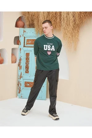 Nakış İşlemeli Ribanalı Oversize T-shirt - Yeşil
