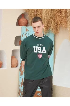 Nakış İşlemeli Ribanalı Oversize T-shirt - Yeşil