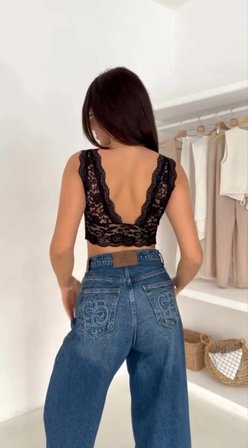 Kadın Dantel Bralet Crop Sütyen V Yaka Askılı Şık Esnek Rahat - Siyah