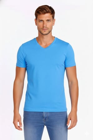 Erkek Body T-shirt V Yaka Slim Fit Likralı Kısa kol Tişört - Açık Mavi