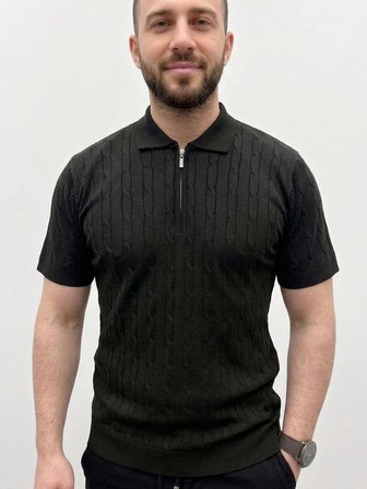 Erkek Yazlık Triko Saç Örgü Tişört Kısa Kol Polo Yaka Fermuarlı T-Shirt - Siyah