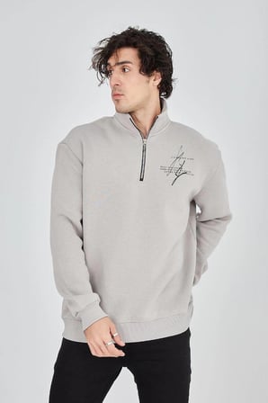 Yarım Fermuarlı Baskılı Sweat - Boyalı Gri