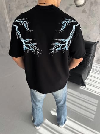 Marsilyan Erkek Tişört Siyah Bisiklet Yaka Oversize Baskılı