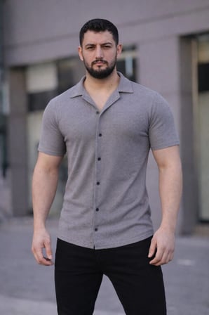 Erkek Waffle Kumaş Açık Yakalı Düğmeli Regular Fit Gömlek 2’li Set Lacivert-Gri