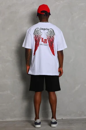 Oversize Baskılı Bisiklet Yaka T-Shirt - Beyaz