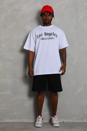 Oversize Baskılı Bisiklet Yaka T-Shirt - Beyaz