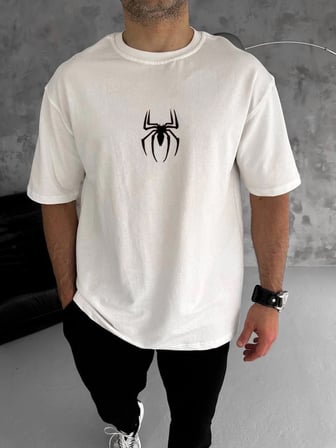 Bisiklet Yaka Baskılı Oversize T-Shirt - Beyaz