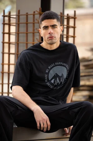 Bisiklet Yaka Baskılı Oversize T-Shirt - Siyah