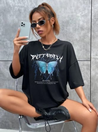 Baskılı Oversize T-Shirt - Siyah