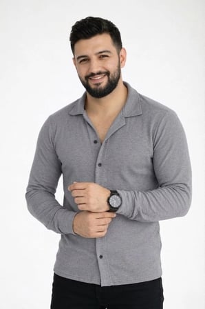 Erkek Waffle Kumaş Uzun Kollu Düğmeli Açık Yaka Regular Fit Gömlek - Füme