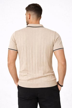 Erkek Triko Tişört Fermuarlı Polo Yakal Yazlık Kısa Kol T-Shirt 2’li Set Bej-Siyah