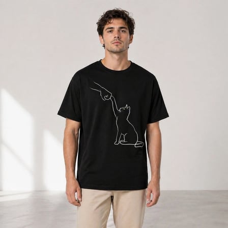 Erkek Minimal Kedi Çizim Baskılı Tişört Kısa Kol Yazlık T-Shirt - Siyah