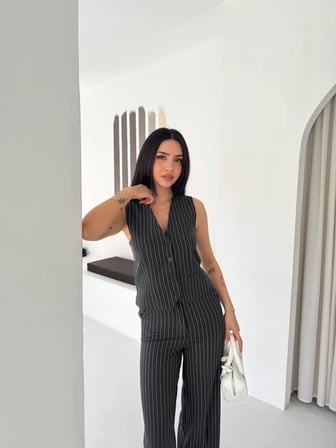 Kadın Çizgili Tansel Kumaş Yelek Pantolon İkili Takım Ofis Şık Modern - Füme