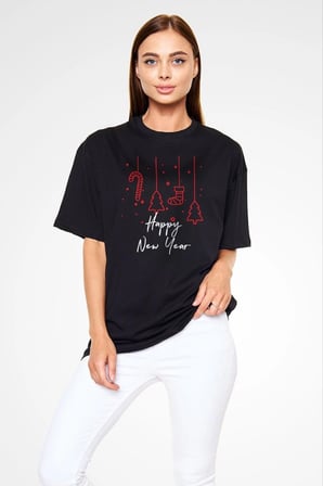 Bisiklet Yaka Baskılı Oversize T-Shirt - Siyah