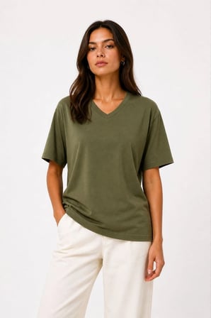 Kadın V Yaka Basic Tişört Kısa Kol Yazlık Regular Fit T-Shirt - Haki