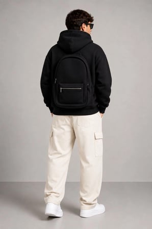Erkek 3 İplik Şardonlu Tam Fermuarlı Kapüşonlu Arka Çanta Detaylı Sweatshirt - Siyah