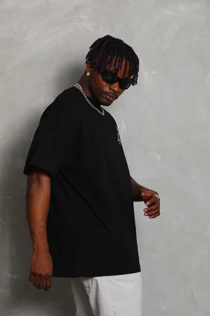 Oversize Baskılı Bisiklet Yaka T-Shirt - Siyah