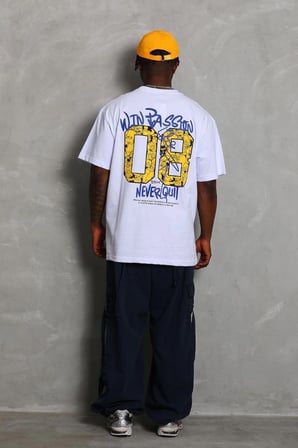 Oversize Baskılı Bisiklet Yaka T-Shirt - Beyaz