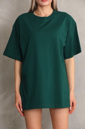 Kadın Düz  Kısa kol Penye T-shirt- Yeşil