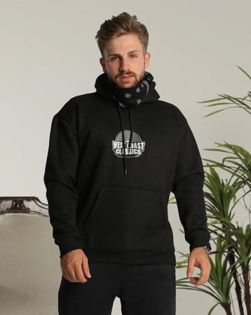Sırt Baskılı Kapüşonlu Üç İplik Oversize Sweatshirt - Siyah