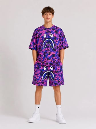 Erkek Çocuk Oversize Kalıp Pubg Bape X Shark Nakışlı Cepli Şort Takım - Mor