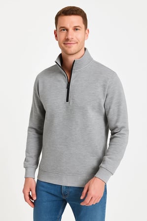 Dik Yaka Sweatshirt Dik Yaka Yarım Fermuarlı 3 İplik Şardonlu Pamuk Kumaş - Gri