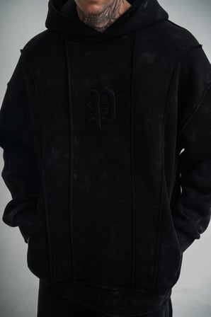 Uzun Kol Kapşonlu Yıkamalı Nakışlı SweatShirt - Siyah