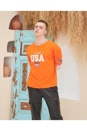 Nakış İşlemeli Ribanalı Oversize T-shirt - Turuncu