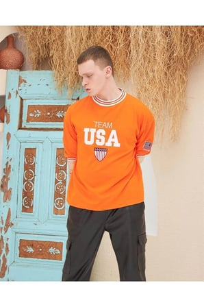 Nakış İşlemeli Ribanalı Oversize T-shirt - Turuncu