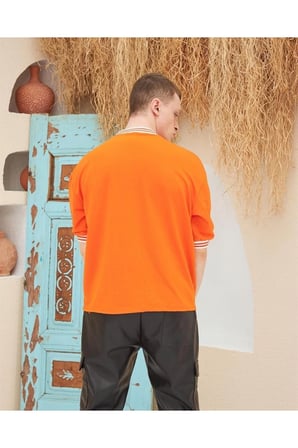 Nakış İşlemeli Ribanalı Oversize T-shirt - Turuncu