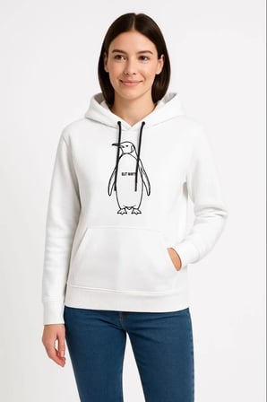 Kadın 3 İplik Pamuklu Kapüşonlu Hoodie Sweatshirt Nihilist Penguen Baskılı - Beyaz
