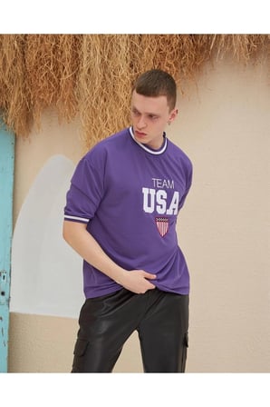Nakış İşlemeli Ribanalı Oversize T-shirt - Mor