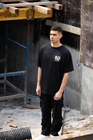 Bisiklet Yaka Baskılı Oversize T-Shirt - Siyah