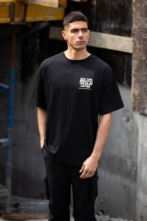 Bisiklet Yaka Baskılı Oversize T-Shirt - Siyah