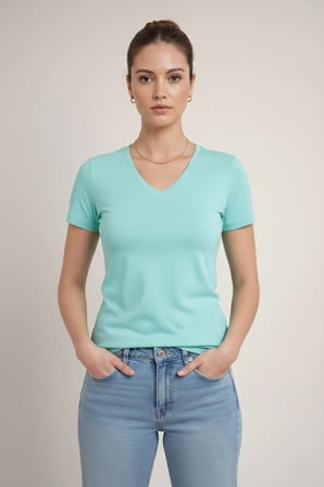 Marsilyan Kadın Tişört V Yaka Slim Fit Likralı Yazlık Turkuaz Kumaş Pamuk - Elastan Kısa Kollu 2XL