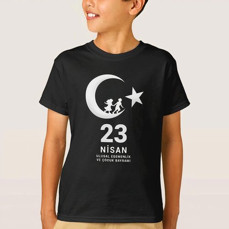 Çocuk 23 Nisan Ulusal Egemenlik ve Çocuk Bayramı Baskılı Bisiklet Yaka T-shirt - Siyah
