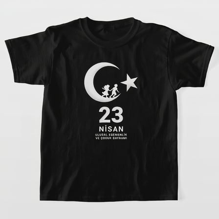 Çocuk 23 Nisan Ulusal Egemenlik ve Çocuk Bayramı Baskılı Bisiklet Yaka T-shirt - Siyah