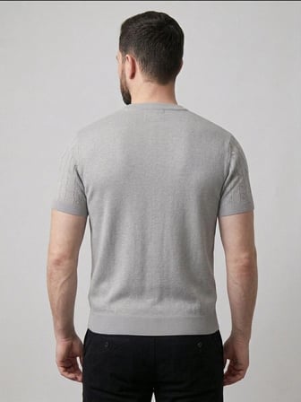 Erkek Yazlık Triko Dokuma Tişört Kısa Kol Bisiklet Yaka Örgü Desenli T-Shirt - Gri