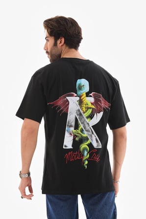 Bisiklet Yaka Baskılı Oversize T-Shirt - Siyah