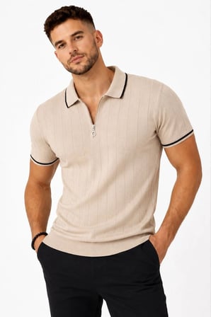 Erkek Fitilli Triko T-shirt Polo Yaka Yarım Fermuarlı Kısa Kollu Tişört - Bej