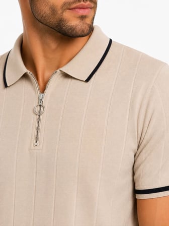 Erkek Fitilli Triko T-shirt Polo Yaka Yarım Fermuarlı Kısa Kollu Tişört - Bej
