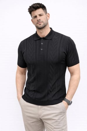 Erkek Yazlık Triko Tişört Kısa Kol Polo Yaka Düğmeli T-Shirt - Siyah