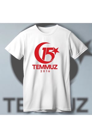 15 Temmuz Demokrasi ve Milli Birlik 2016 Anma Baskılı Bisiklet Yaka T-shirt - Beyaz