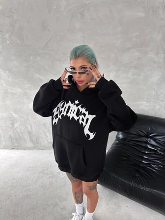 Üç İplik Kapüşonlu Baskılı SweatShirt - Siyah