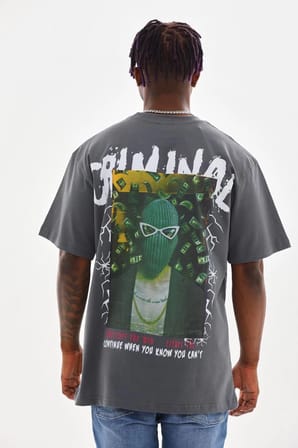 Baskılı Oversize T-Shirt - Füme