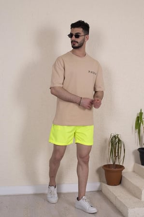 Erkek Deniz Şortu Fermuarlı Cepli File Astarlı - Neon Yeşili