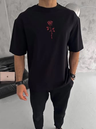 Bisiklet Yaka Baskılı Oversize T-Shirt - Siyah