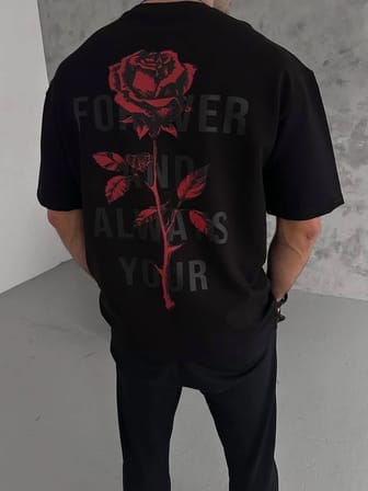 Bisiklet Yaka Baskılı Oversize T-Shirt - Siyah