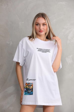 Bisiklet Yaka Baskılı Oversize T-Shirt - Beyaz